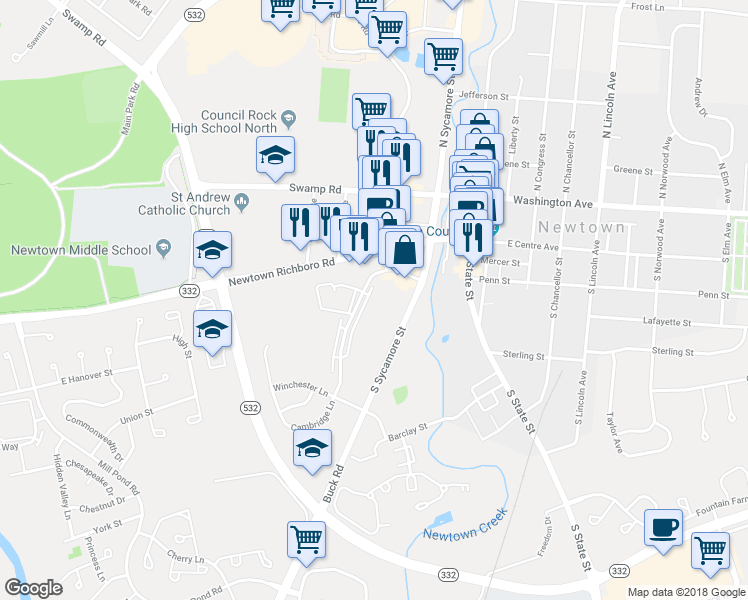 map of restaurants, bars, coffee shops, grocery stores, and more near 120 Cambridge Lane in Newtown