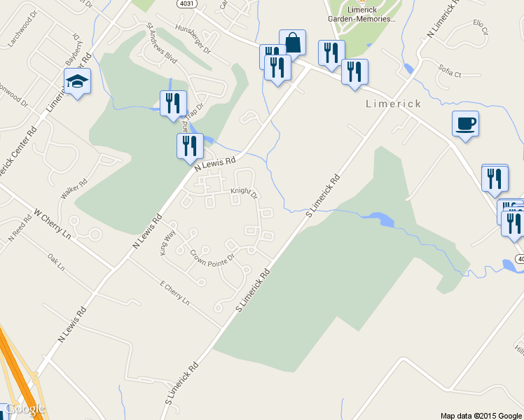 map of restaurants, bars, coffee shops, grocery stores, and more near 1902 Royal Court in Royersford