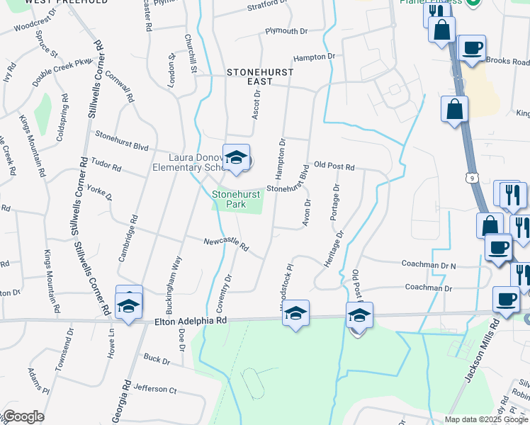 map of restaurants, bars, coffee shops, grocery stores, and more near 53 Hampton Drive in Freehold Township
