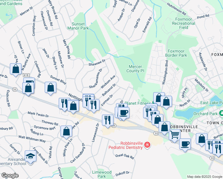 map of restaurants, bars, coffee shops, grocery stores, and more near 31 Baltusrol Street in Hamilton Township