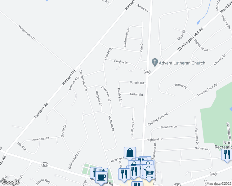 map of restaurants, bars, coffee shops, grocery stores, and more near 36 Paisley Road in Richboro