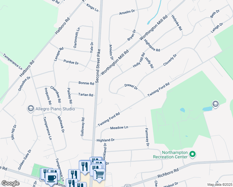 map of restaurants, bars, coffee shops, grocery stores, and more near 99 Drexel Drive in Richboro