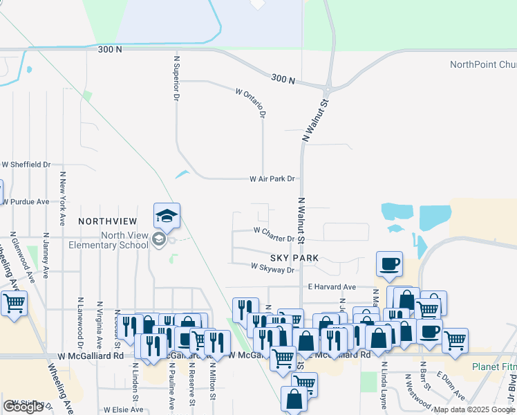 map of restaurants, bars, coffee shops, grocery stores, and more near 3905 North Franklin Street in Muncie