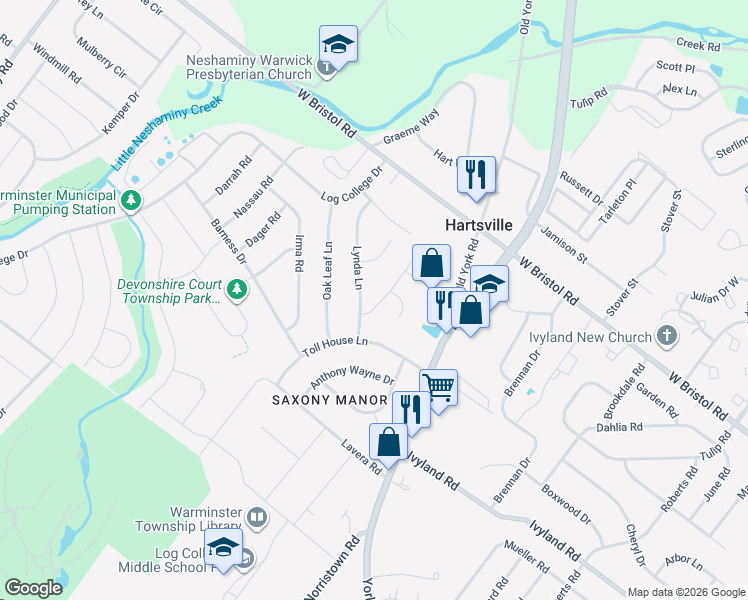 map of restaurants, bars, coffee shops, grocery stores, and more near 117 Weber Road in Warminster