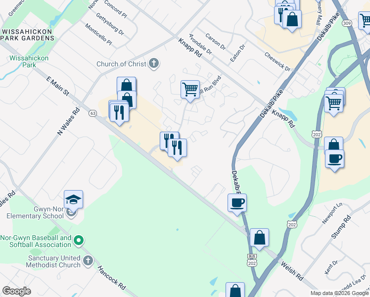 map of restaurants, bars, coffee shops, grocery stores, and more near in North Wales