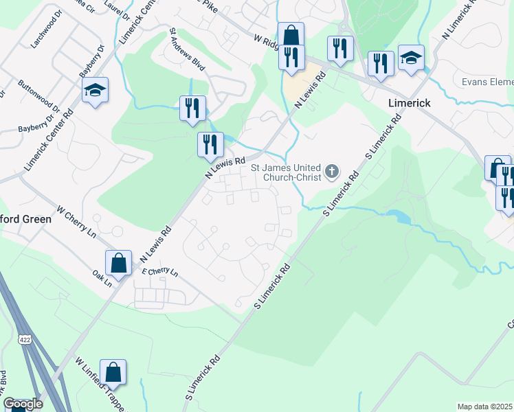 map of restaurants, bars, coffee shops, grocery stores, and more near 2304 Carriage Lane in Royersford