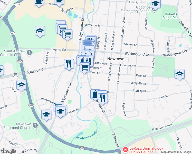 map of restaurants, bars, coffee shops, grocery stores, and more near 212 Court Street in Newtown