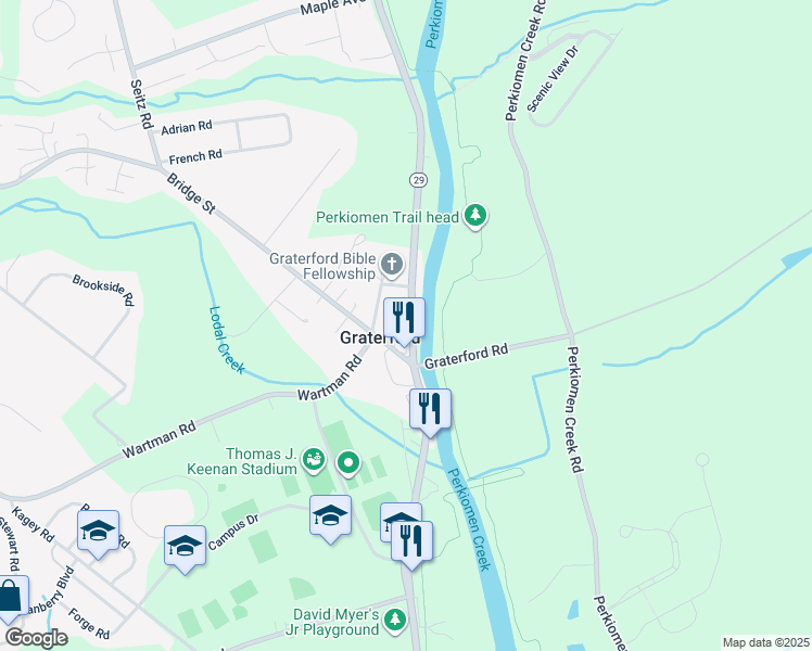 map of restaurants, bars, coffee shops, grocery stores, and more near 1055 Gravel Pike in Collegeville