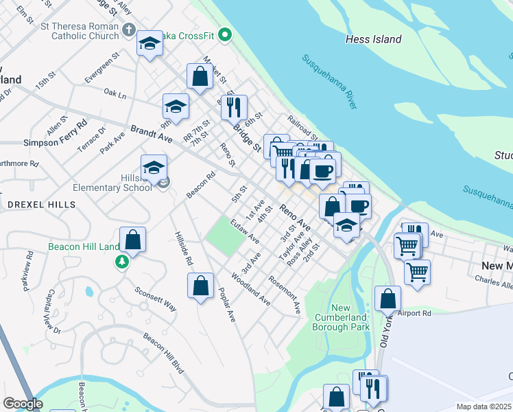 map of restaurants, bars, coffee shops, grocery stores, and more near 424 4th Street in New Cumberland