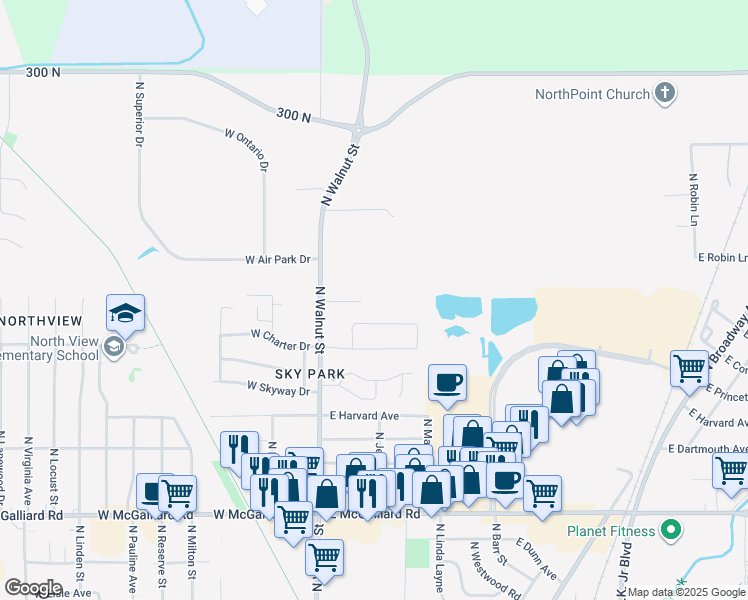 map of restaurants, bars, coffee shops, grocery stores, and more near 212 Prestige Drive in Muncie