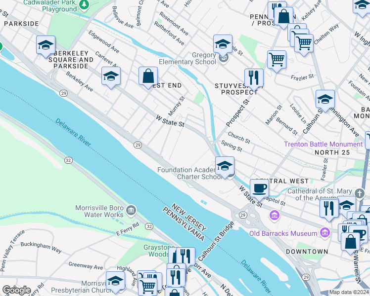 map of restaurants, bars, coffee shops, grocery stores, and more near 495-REAR West State Street in Trenton