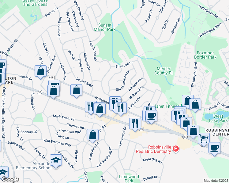 map of restaurants, bars, coffee shops, grocery stores, and more near 5 Shackamaxon Drive in Hamilton Township