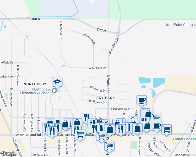 map of restaurants, bars, coffee shops, grocery stores, and more near 3910 North Franklin Street in Muncie