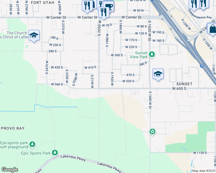 map of restaurants, bars, coffee shops, grocery stores, and more near 1972 West 600 South in Provo