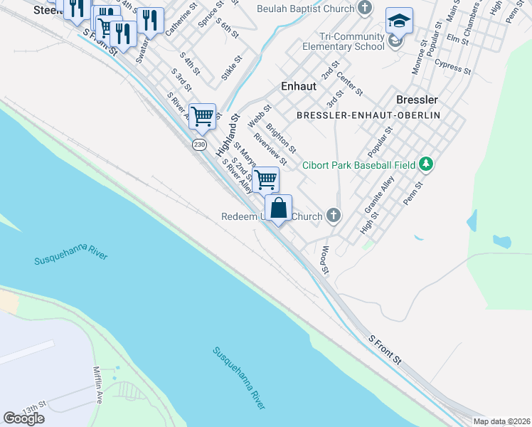 map of restaurants, bars, coffee shops, grocery stores, and more near 707 South Front Street in Steelton