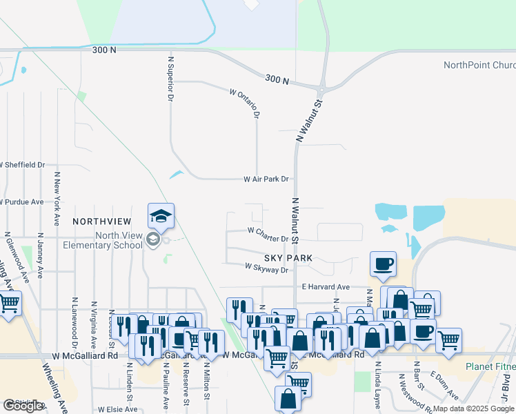 map of restaurants, bars, coffee shops, grocery stores, and more near 3905 North Franklin Street in Muncie