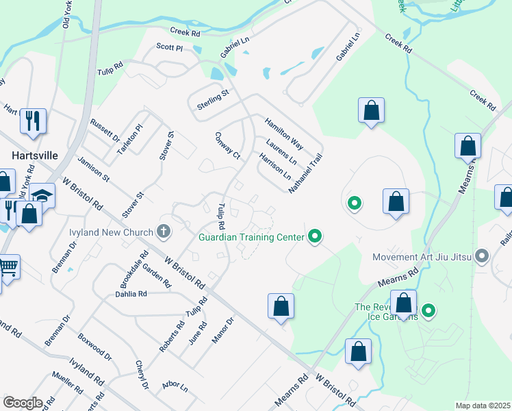 map of restaurants, bars, coffee shops, grocery stores, and more near 101 Birch Valley Court in Warwick