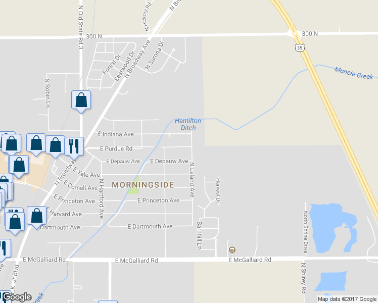 map of restaurants, bars, coffee shops, grocery stores, and more near 2417 East Purdue Road in Muncie