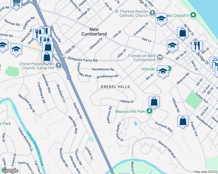 map of restaurants, bars, coffee shops, grocery stores, and more near 622 Park Avenue in New Cumberland