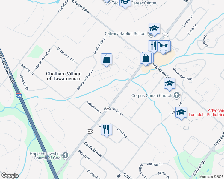 map of restaurants, bars, coffee shops, grocery stores, and more near 1660 South Valley Forge Road in Lansdale