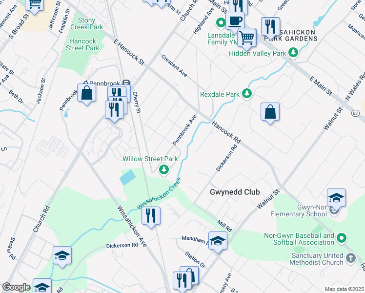 map of restaurants, bars, coffee shops, grocery stores, and more near 701 Willow Street in Lansdale