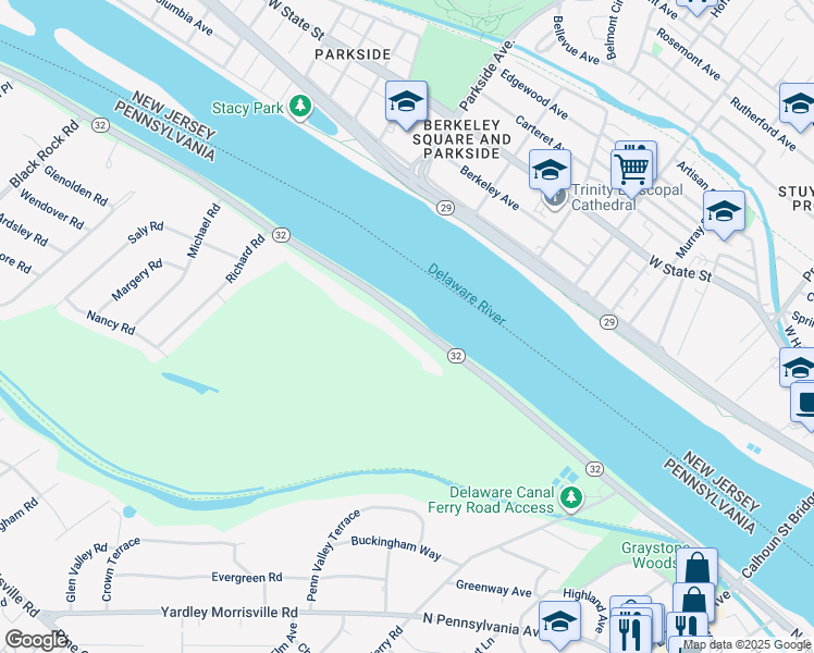 map of restaurants, bars, coffee shops, grocery stores, and more near 521 River Road in Morrisville