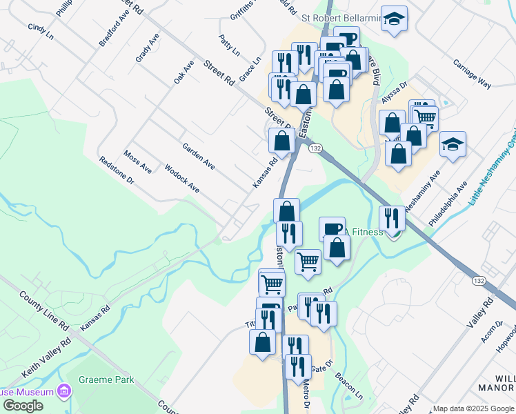 map of restaurants, bars, coffee shops, grocery stores, and more near 4019 Creekside Court in Warrington