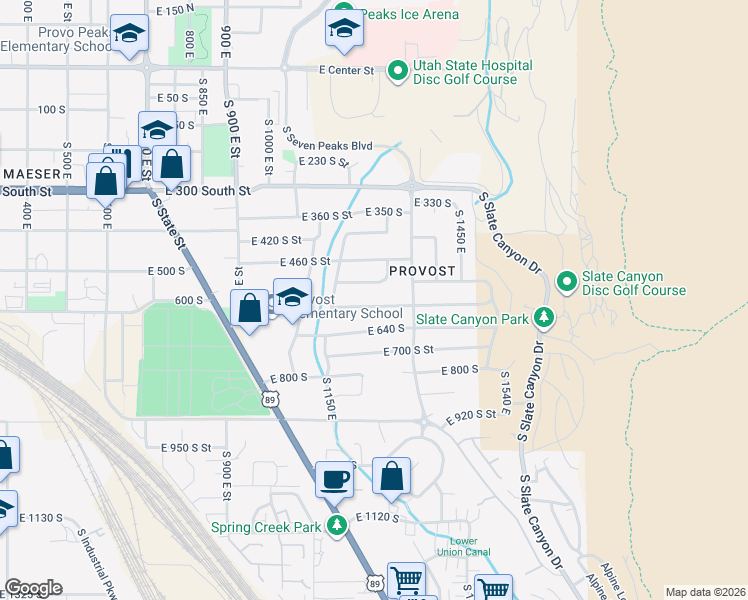 map of restaurants, bars, coffee shops, grocery stores, and more near 1245 East 580 South Street in Provo