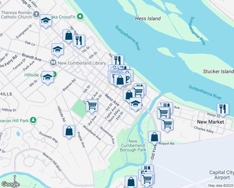 map of restaurants, bars, coffee shops, grocery stores, and more near 324 3rd Street in New Cumberland
