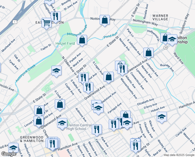 map of restaurants, bars, coffee shops, grocery stores, and more near 127 Cleveland Avenue in Trenton