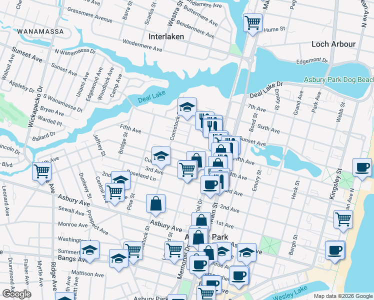map of restaurants, bars, coffee shops, grocery stores, and more near 921 4th Avenue in Asbury Park