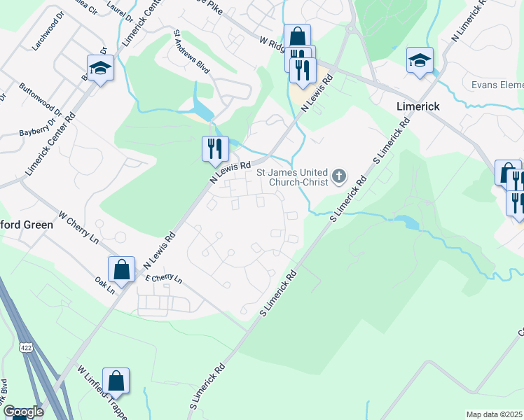 map of restaurants, bars, coffee shops, grocery stores, and more near 2304 Carriage Lane in Royersford