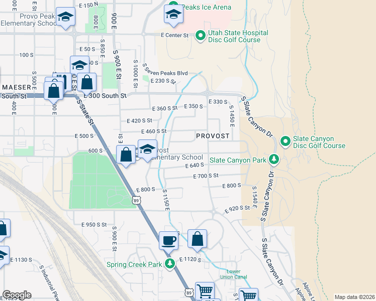 map of restaurants, bars, coffee shops, grocery stores, and more near 1245 East 580 South Street in Provo
