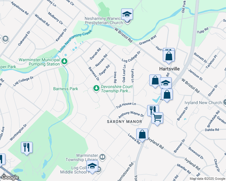 map of restaurants, bars, coffee shops, grocery stores, and more near 1226 Irma Road in Warminster