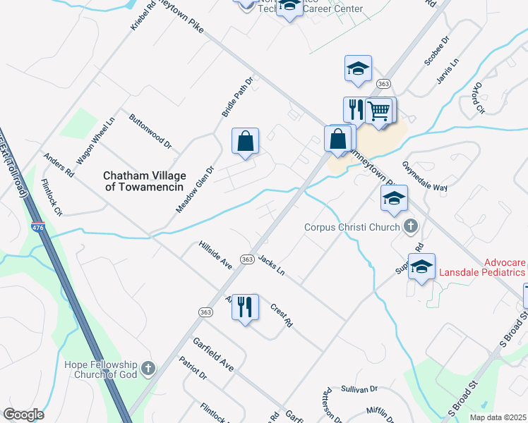 map of restaurants, bars, coffee shops, grocery stores, and more near 160 Berwick Place in Lansdale