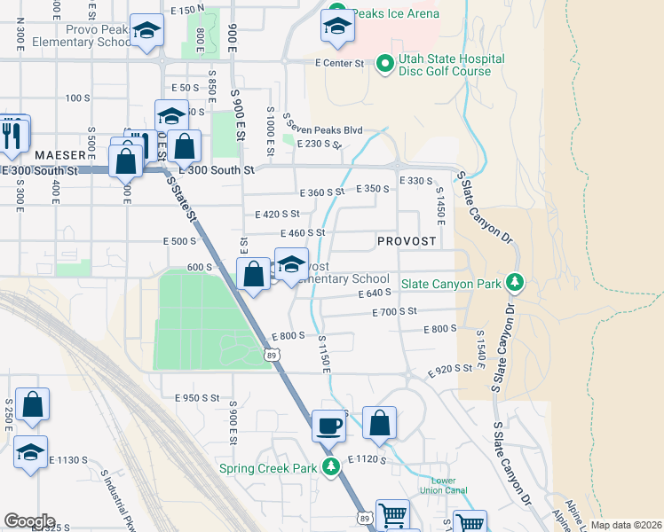 map of restaurants, bars, coffee shops, grocery stores, and more near 598 Idaho Avenue in Provo