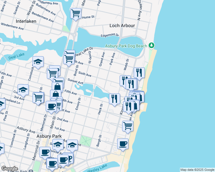 map of restaurants, bars, coffee shops, grocery stores, and more near 309 Sunset Avenue in Asbury Park