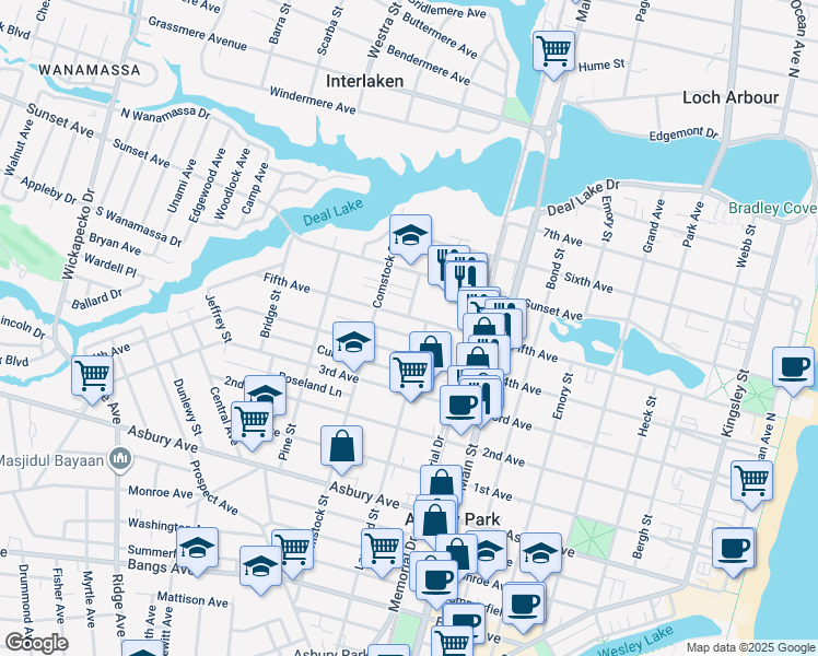map of restaurants, bars, coffee shops, grocery stores, and more near 921 4th Avenue in Asbury Park
