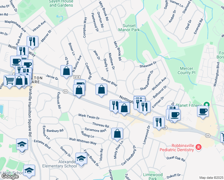 map of restaurants, bars, coffee shops, grocery stores, and more near 4223 Nottingham Way in Hamilton Township