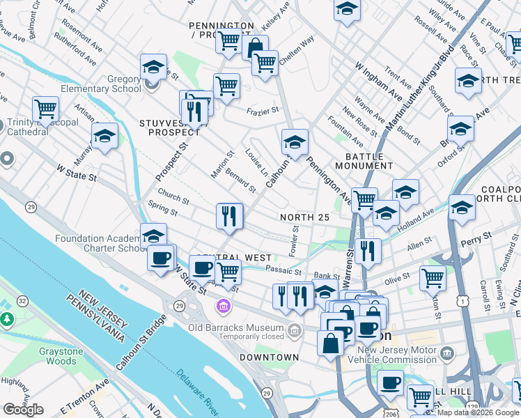map of restaurants, bars, coffee shops, grocery stores, and more near 81 Bellevue Avenue in Trenton