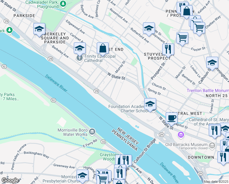 map of restaurants, bars, coffee shops, grocery stores, and more near 462 Riverside Avenue in Trenton