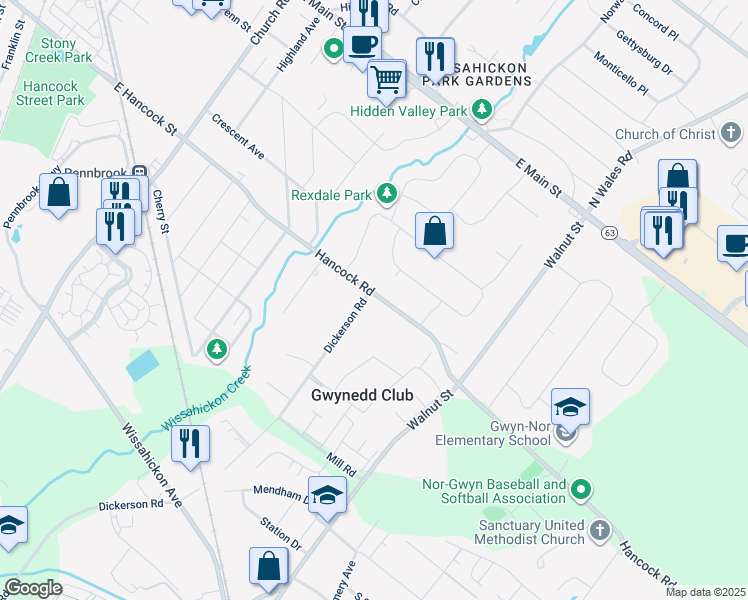 map of restaurants, bars, coffee shops, grocery stores, and more near 1237 Dickerson Road in North Wales