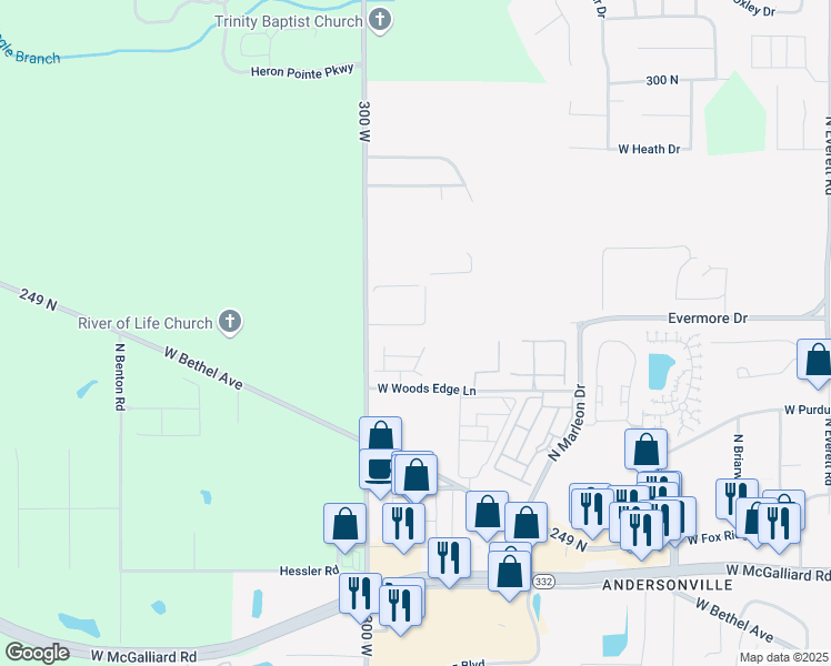 map of restaurants, bars, coffee shops, grocery stores, and more near 4700 West Woods Edge Lane in Muncie