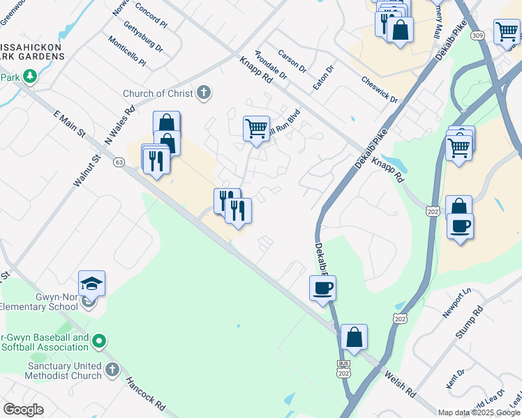 map of restaurants, bars, coffee shops, grocery stores, and more near 802 Karen's Court in North Wales
