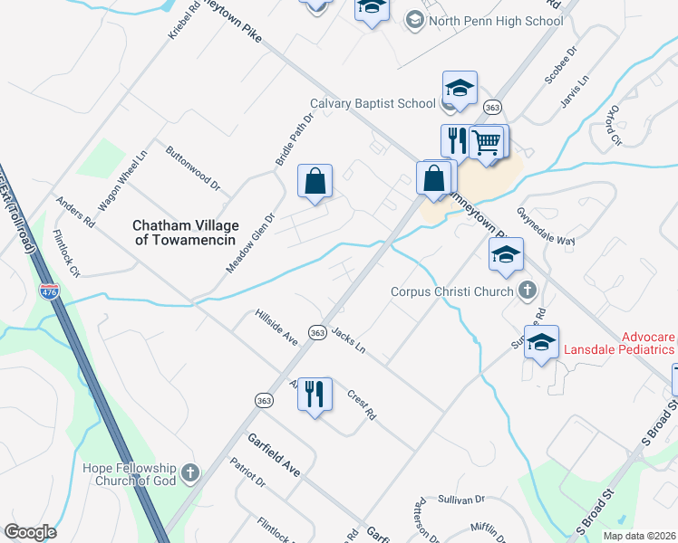 map of restaurants, bars, coffee shops, grocery stores, and more near 1660 South Valley Forge Road in Lansdale