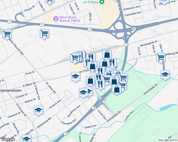 map of restaurants, bars, coffee shops, grocery stores, and more near 3507 Simpson Ferry Road in Camp Hill