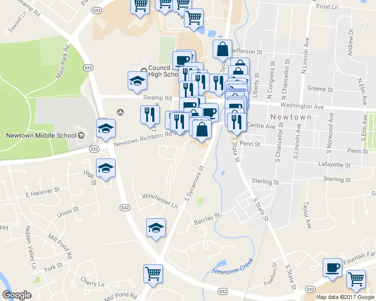 map of restaurants, bars, coffee shops, grocery stores, and more near 112 Cambridge Lane in Newtown