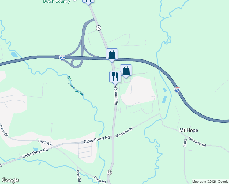 map of restaurants, bars, coffee shops, grocery stores, and more near 2652 Lebanon Road in Manheim