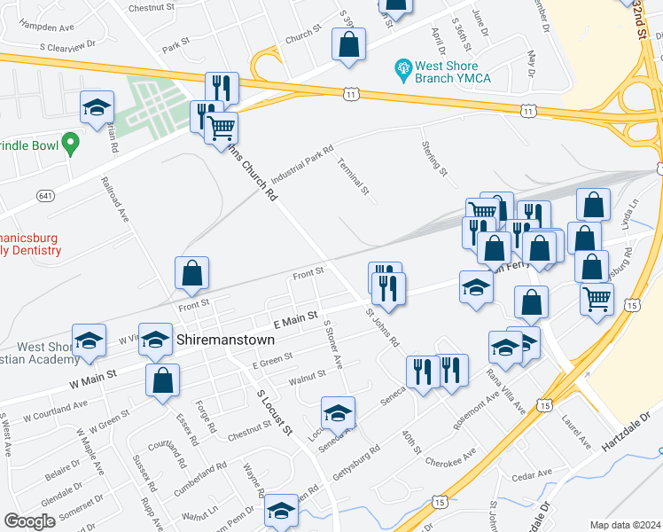 map of restaurants, bars, coffee shops, grocery stores, and more near 504 Saint Johns Church Road in Shiremanstown