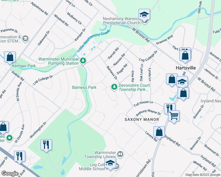 map of restaurants, bars, coffee shops, grocery stores, and more near 1176 Lynch Circle in Warminster
